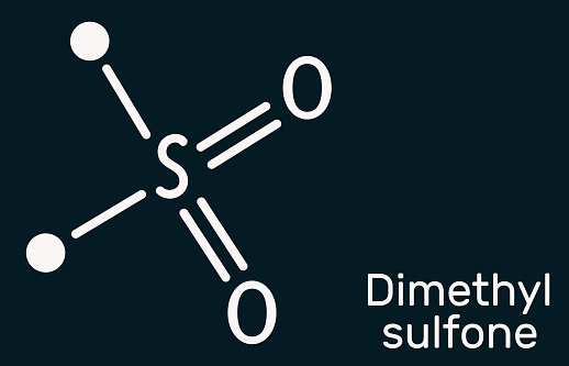 Methylsulfonylmethane, MSM, methyl sulfone, dimethyl sulfone molecule. It is organosulfur compound with sulfonyl functional group. Skeletal chemical formula on the dark blue background. Ilustration