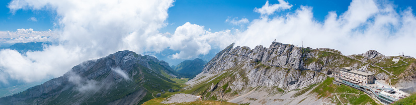 A panorama picture of the mountains of Mount Pilatus taken from a peak next to the visitor center.