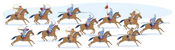 Medieval Asian Mongol or Turkic warrior Medieval Asian Mongol or Turkic warrior horsemen fighting with spears, swords and bows. Flat cartoon vector illustration isolated on white background. ancient chinese weapons stock illustrations