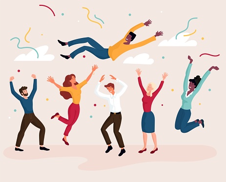 Celebrating success, achievement or jubilation concept. A diverse multiehnic group of young people throwing a colleague in the air. Flat cartoon vector illustration with fictional characters