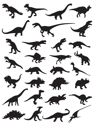 Vector illustration of thirty dinosaur silhouettes on a white background.