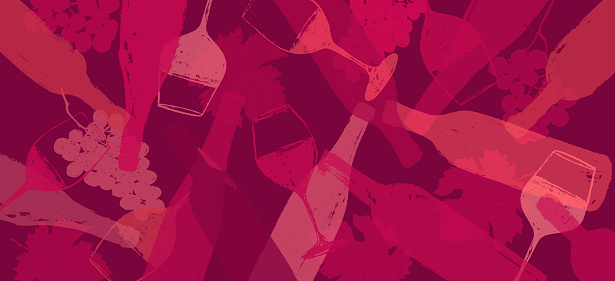 background illustration for wine designs. Handmade drawing of wine glasses and bottles. Red wine color. Background for web banners, backdrops, covers, presentations, poster, brochures. Vector