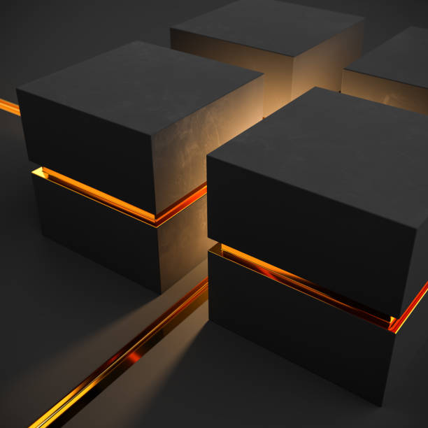 istock Abstract luxury concept. Four boxes in black with golden indentations. Base plain also with two crossing indentations in gold. 1298983785