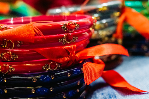 Indian bangles, handicrafts for sale, close up.