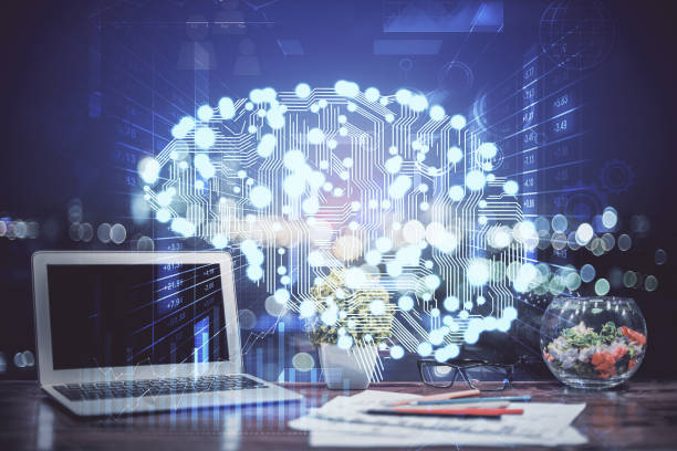 istock Multi exposure of work table with computer and brain hologram. Brainstorm concept. 1298984265