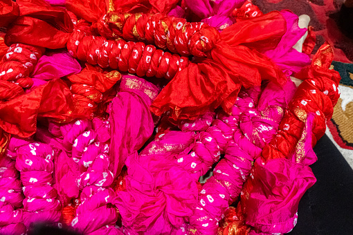 Silk cloth on pile. Prepared for Indian wedding tradition ceremony.