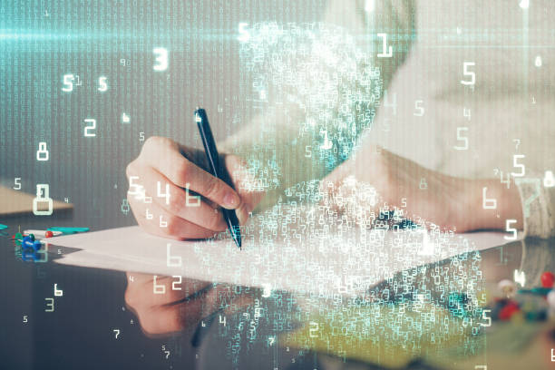 istock Double exposure of writing hand on background with data technology hologram. Big data concept. 1298985345