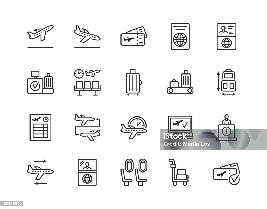 Conjunto de iconos de línea plana del aeropuerto. La ilustración vectorial incluye reserva en línea, billetes, check-in, aduanas y vuelo de conexión. Trazos editables - arte vectorial de Ícono libre de derechos