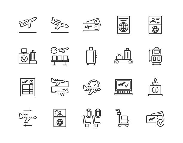 Airport flat line icon set. Vector illustration included online booking, tickets, check in, customs and connecting flight. Editable strokes Airport flat line icon set. Vector illustration included online booking, tickets, check in, customs and connecting flight. Editable strokes. airport designs stock illustrations