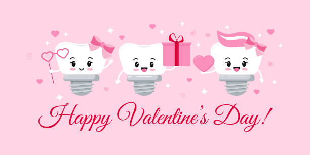 Dental implant tooth on orthodontist Valentines Day greeting card Dental implant tooth on orthodontist Valentines Day greeting card with hearts and sparkles. Happy Valentines Day teeth for dentist gift. Flat design cartoon funny dental character vector illustration. cute cartoon dental implants stock illustrations