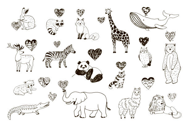 ilustraciones, imágenes clip art, dibujos animados e iconos de stock de conjunto de ilustraciones del día de animal valentines - symbol sea animal owl