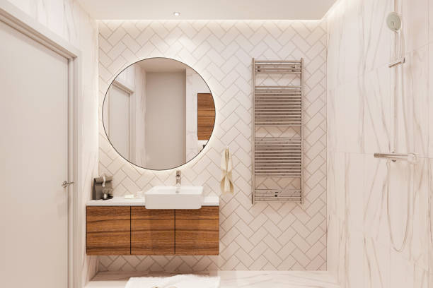 interior kamar mandi modern - toilet perlengkapan rumah tangga yang terpasang ilustrasi potret stok, foto, & gambar bebas royalti