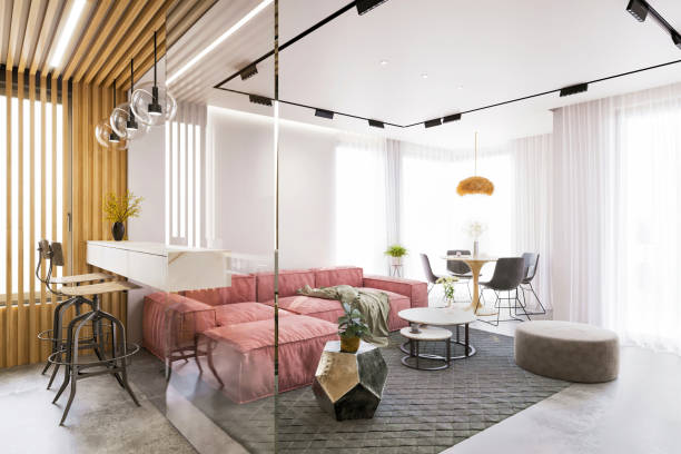 wohnzimmer - showcase interior home decorating chair pink stock-fotos und bilder