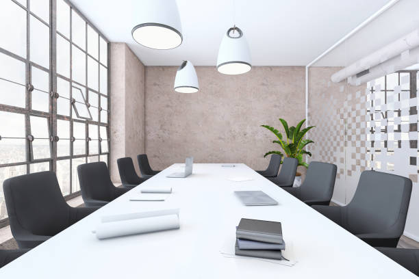 Modern office interior meeting room with blank wall for copy space. No people. Daylight with large windows. Render