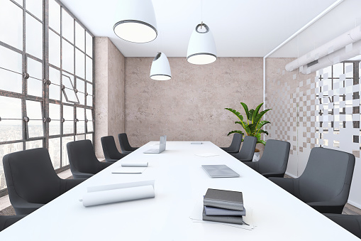 Modern office interior meeting room with blank wall for copy space. No people. Daylight with large windows. Render