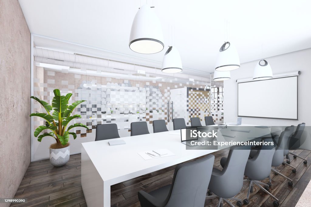 Modern conference room interior with projection screen on the wall for copy space Modern office interior meeting room with projection screen for copy space. No people. Daylight with large windows. Render Backgrounds Stock Photo