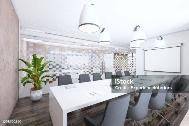 Modern Conference Room Interior With Projection Screen On The Wall For Copy Space Stock Photo - Download Image Now