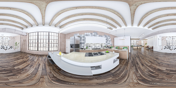 Contemporary open plan office interior in equirectangular view. Large open space kitchen, parquet, windows, pastel colored walls, conference room and work space in the background. Template for copy space. Render.