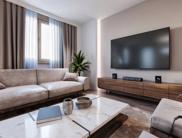 Modern apartment living room interior with large TV screen on the wall. render