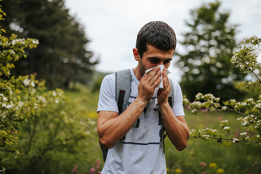 One young man sneezing in blooming nature on sunny spring day