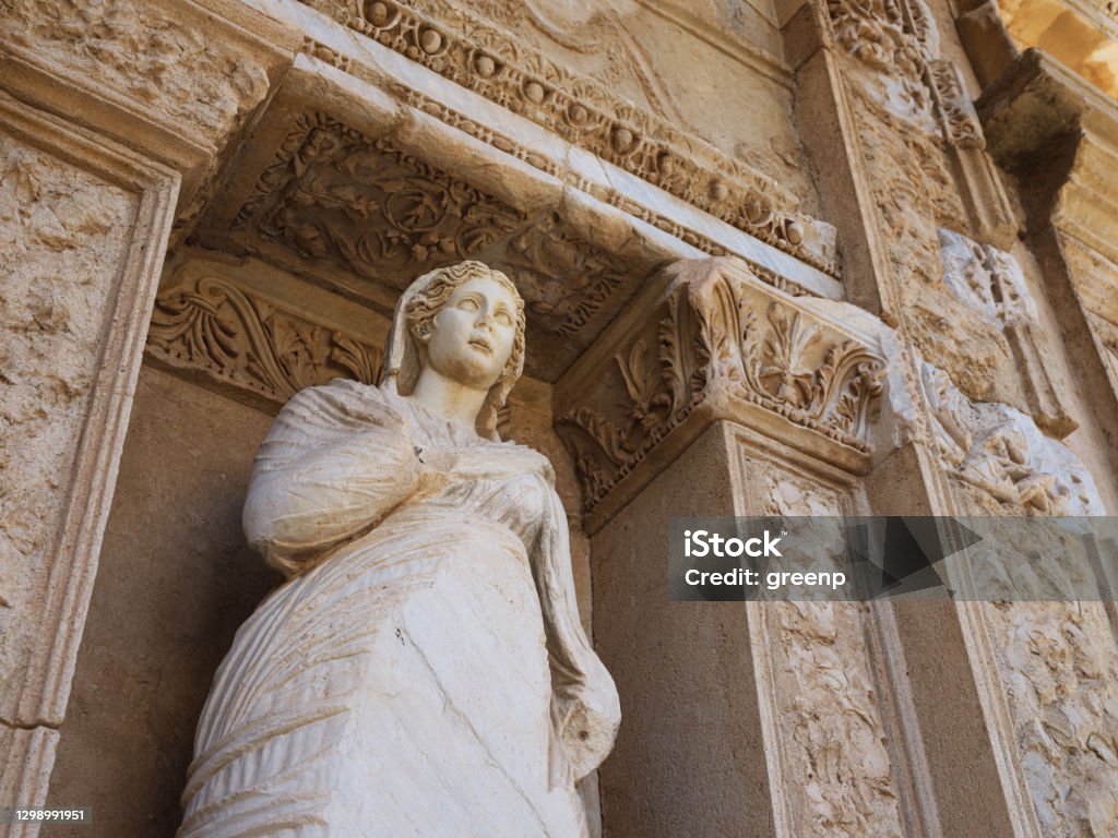 Statue of Arete. The Library of Celsus in Ephesus, Turkey The Library of Celsus, built in A.D. 135, in the ancient city of Ephesus. Ephesus Stock Photo