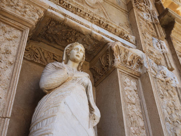 Statue of Arete. The Library of Celsus in Ephesus, Turkey The Library of Celsus, built in A.D. 135, in the ancient city of Ephesus. celsus library photos stock pictures, royalty-free photos & images