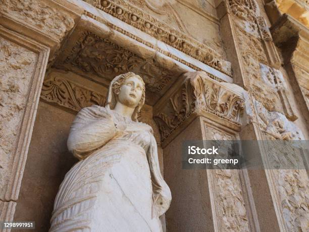Statue Of Arete The Library Of Celsus In Ephesus Turkey Stock Photo - Download Image Now