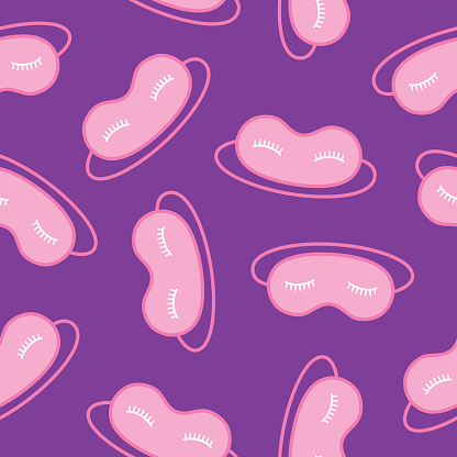 Vector seamless pattern of pink sleeping masks on a purple square background.