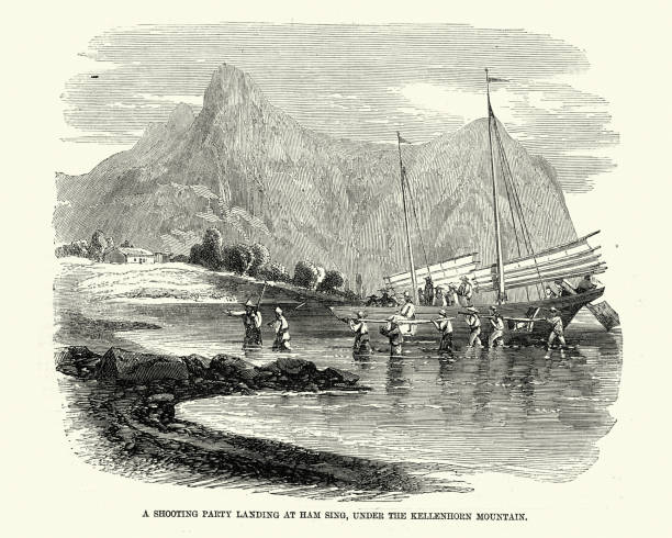Vintage illustration of A shooting party landing at Ham Sing, under the Kellenhorn Mountain, China, 19th Century, 1850s