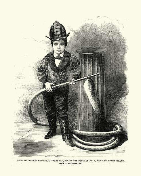 Vintage illustration of Son of a Rhode Island firefighter, 1850s, 19th Century. Richard Jackson Newton