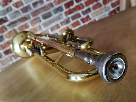 An antique bugle placed on top of a table with its reflection.\nThis was a piece used by one of the old kings of Tamilnadu, this was photographed during a visit to Otty and antique house.