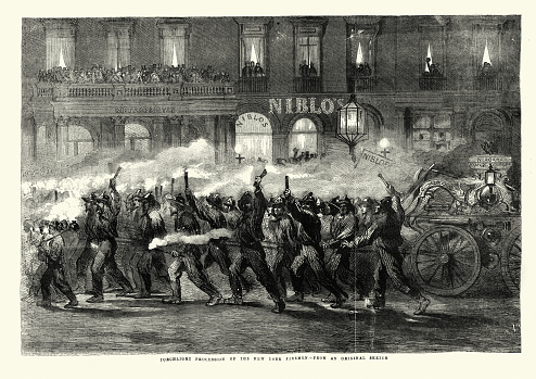 Vintage illustration of Torchlight procession by the New York firemen, 1850s, 19th Century