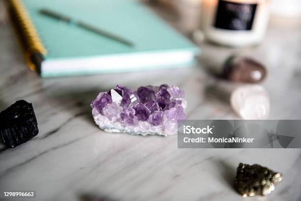 Flat Lay Of Healing Crystals And Notebook Stock Photo - Download Image Now - Amethyst, Bunch, Desk