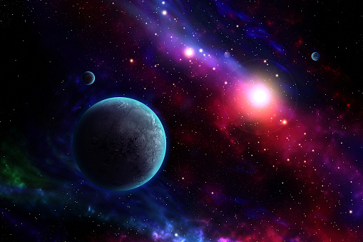 High resolution poster size 3D rendered galaxy space scene with planets. Used Cinema4D and Adobe Photoshop for generating planet and star field.

Used for free or commercial usage texture from Solar System Scope site. Link is : https://www.solarsystemscope.com/textures/download/2k_haumea_fictional.jpg