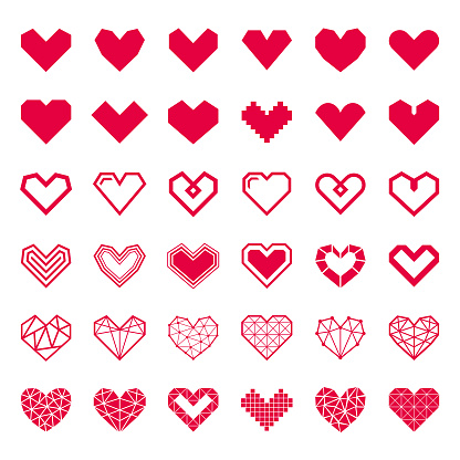 Geometric vector hearts icons. Different variations and shapes.