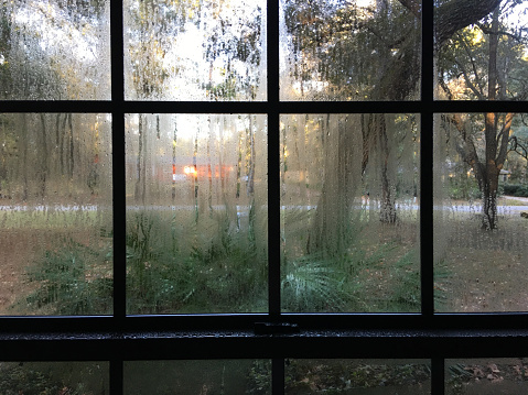 Inefficient double glazing and metal frames on windows results in heavy condensation on the indoor surfaces during cold weather.  Photo taken in Gainesville, Florida, on iPhone 6S Plus