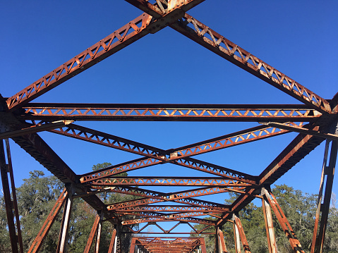 Rusting cross members on long-abandoned bridge, with leafless vines spreading out from the left of the frame.  Photo taken on the US 90 bridge over the Suwannee river in north Florida, on iPhone 6S Plus