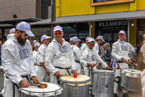 Wellington, New Zealand - March 24, 2018: Drummers performing at Cuba Dupa Festival in Wellington, New Zealand.