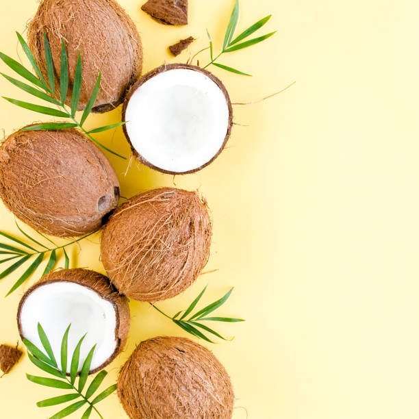 istock Pattern with coconuts and tropical palm leaves on yellow background. Tropical abstract background. Flat lay, top view 1299005508