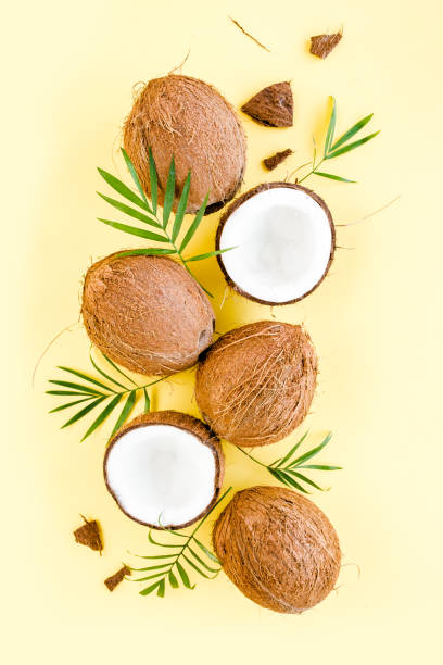 istock Pattern with coconuts and tropical palm leaves on yellow background. Tropical abstract background. Flat lay, top view 1299005813