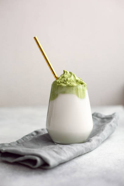 Homemade Dalgona matcha latte. A trendy drink from Korea.