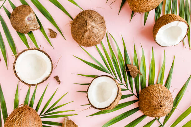 istock Pattern, texture with coconuts and tropical palm leaves on pink background. Tropical abstract background. Flat lay, top view 1299007591