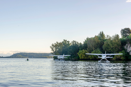 Taupo, New Zealand - March 30, 2018:  Floatplane pier in Lake Taupo, New Zealand