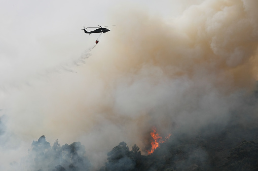 A fire helicopter extinguishes a fire in the forest