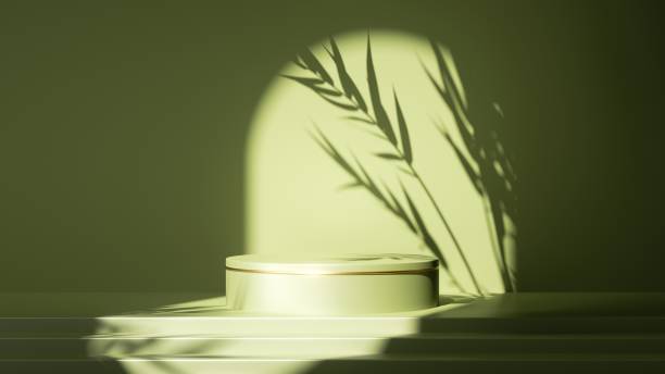 istock 3d render, abstract minimal green background. Empty stage with steps and cylinder podium, leaf shadows and bright sunlight going through round arch. Minimal showcase for displaying organic product 1299014463