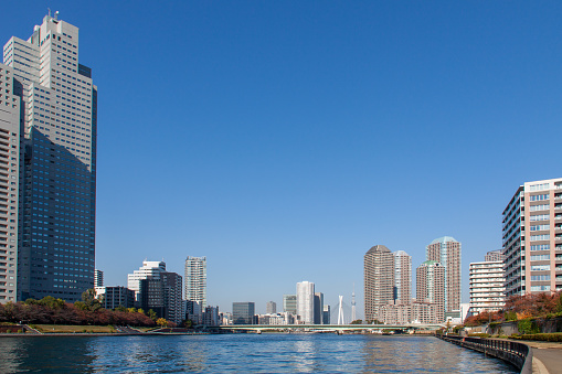 View of buildings in Chuo (Central) district along the Sumida River