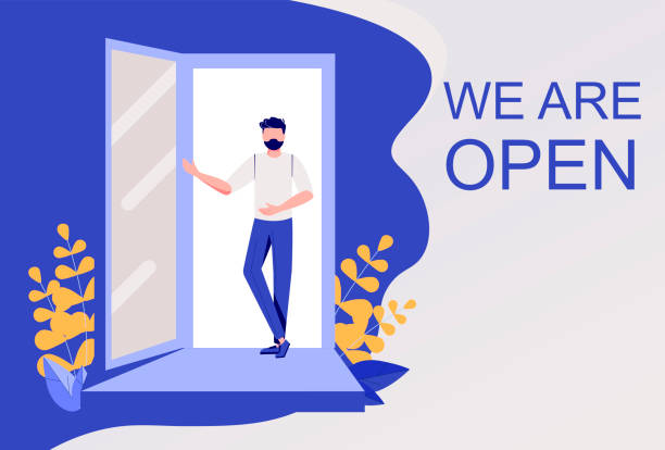 ilustrações de stock, clip art, desenhos animados e ícones de we are working again after coronavirus.small business.the end of quarantine.welcome back after pandemic.man opens a door in cafe, shop,store,bakery.reopening.cute flat vector illustration.we're open. - vehicle door