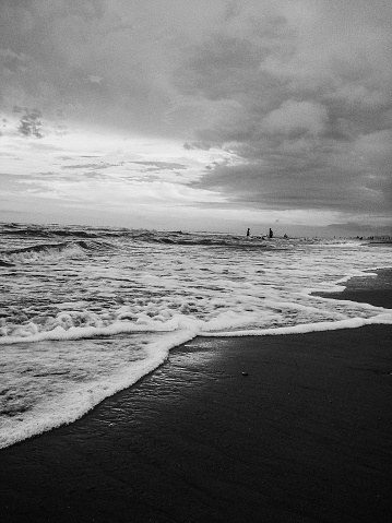 Wintry beach scene from Westward Ho! Devon, UK. 35mm camera film.