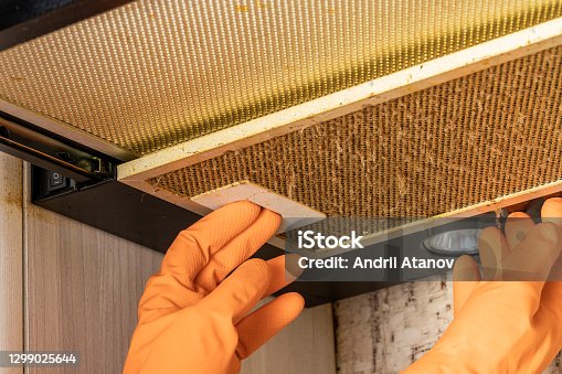 istock cleaning and washing dirty cooker hood filter. fat and dust at filter. domestic kitchen 1299025644