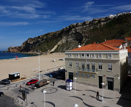 Nazare, Leiria, Portugal- June 8, 2019: Plaza and beach view. Nazare,Portugal